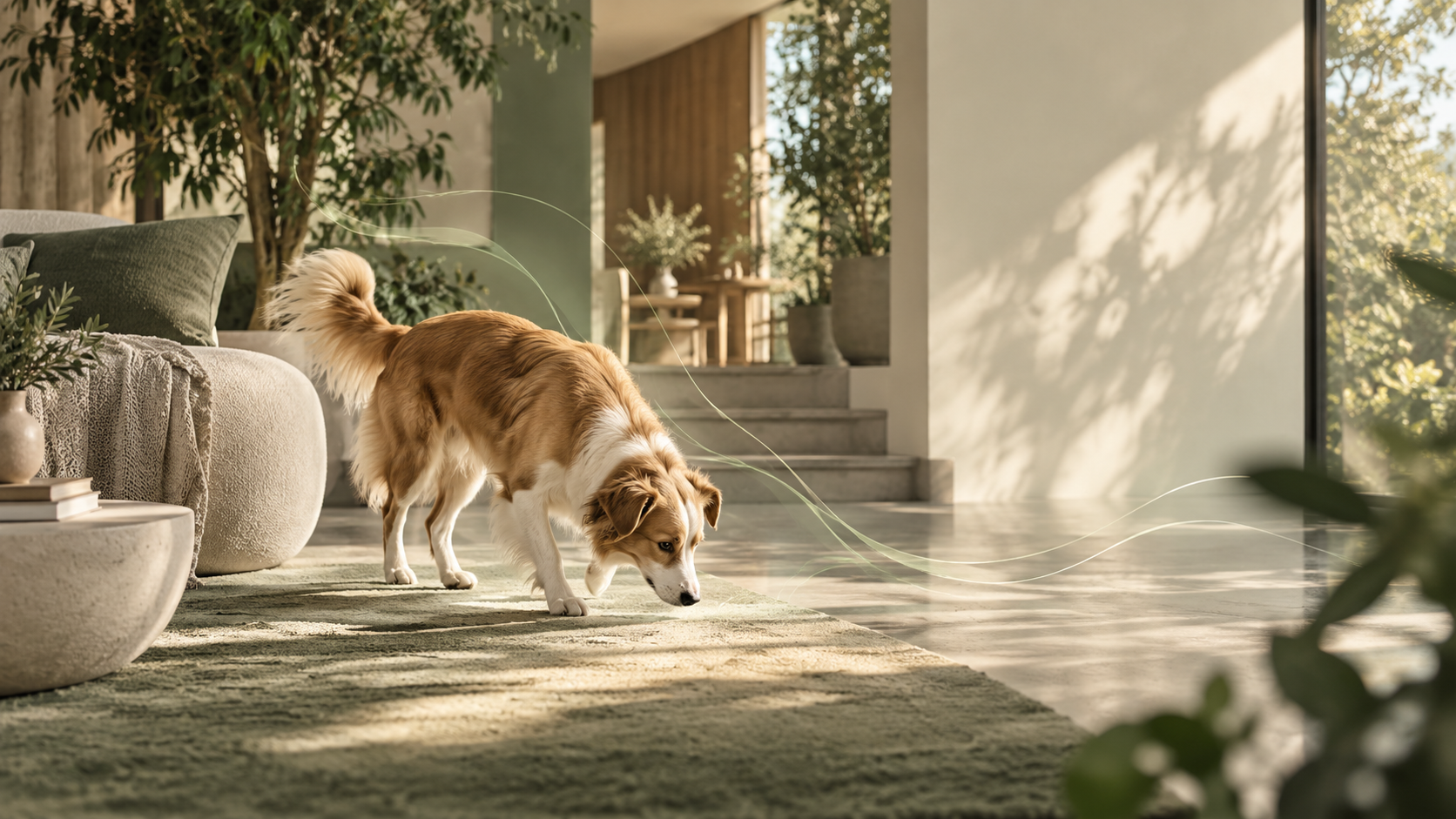 Conceptual illustration of a dog exploring a home; not a research photograph