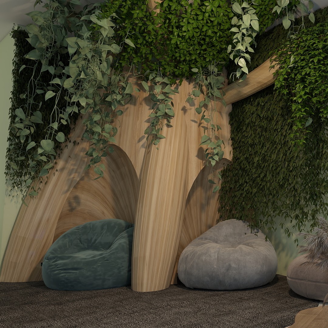 Nature-inspired therapeutic seating concept with wood and greenery
