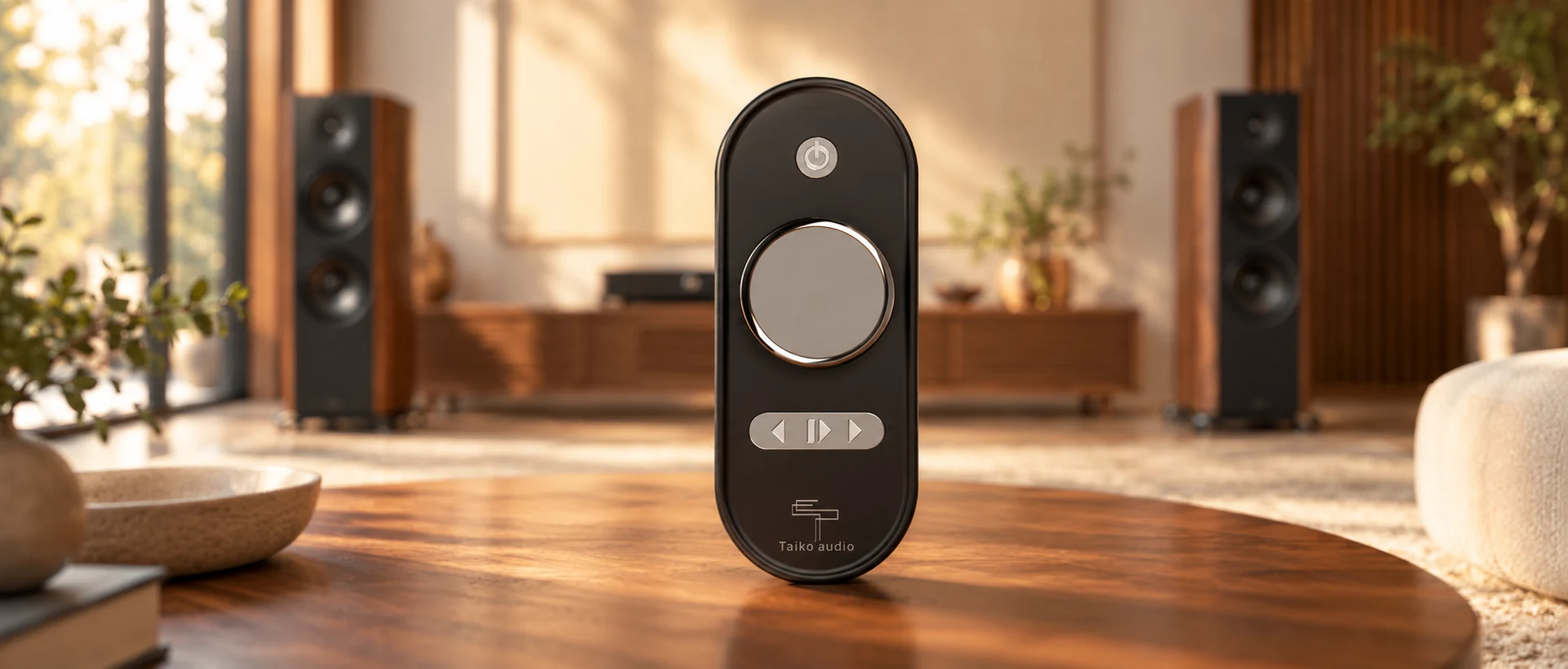 Compact vertical remote concept with a central control dial.